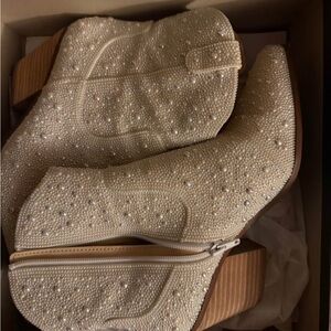 Betsey Johnson Cream Ankle Boots with Pearl Embellishments